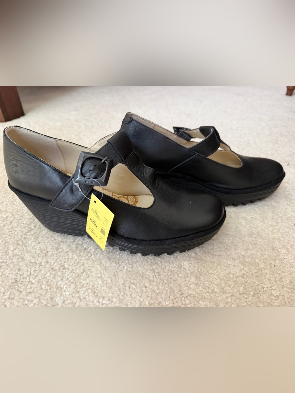Fly London Black Mary Jane Wedge Heels - Comfort Strap